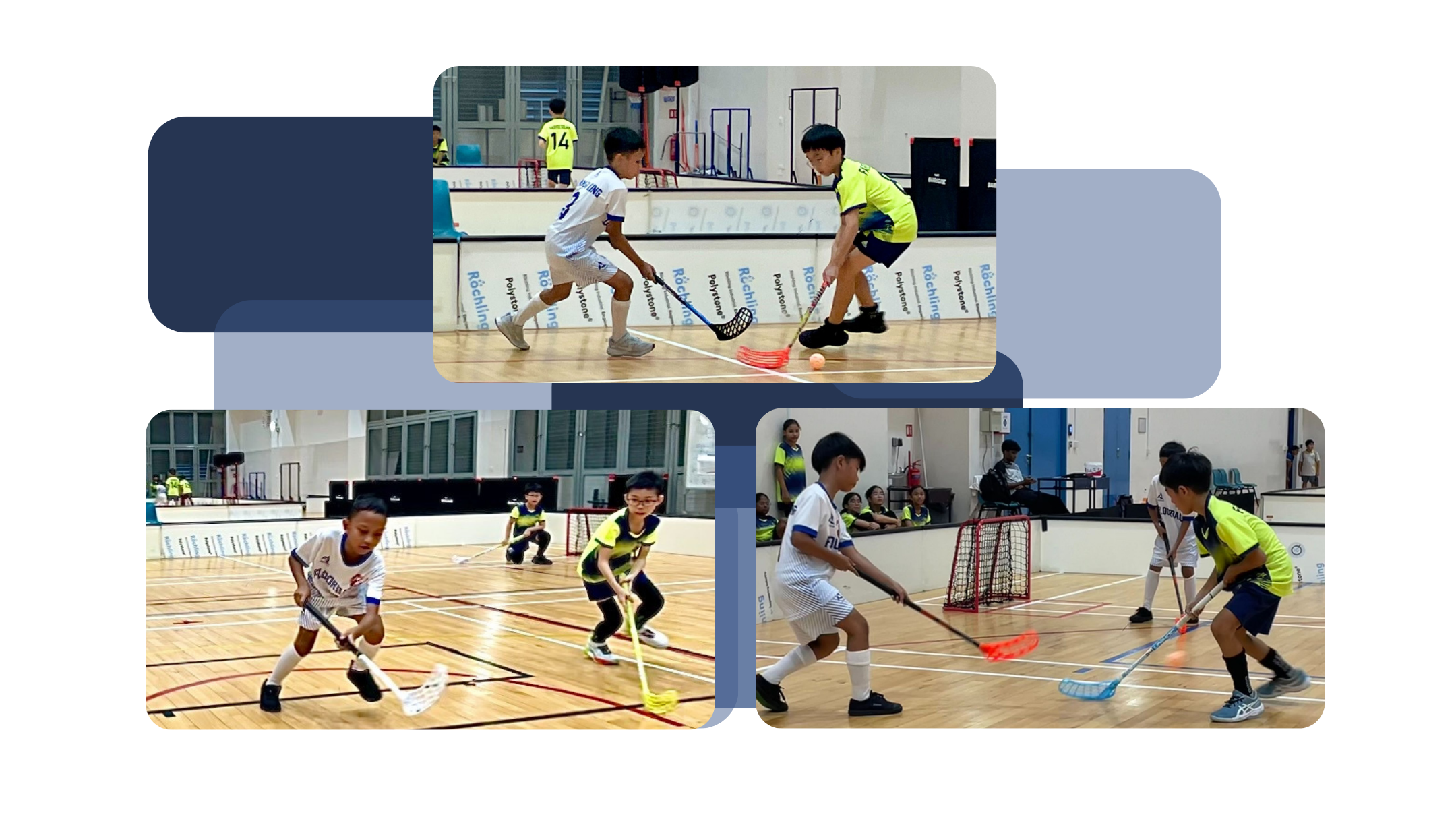 Boys' floorball team in action during indoor matches, dribbling and competing for the ball on the court.